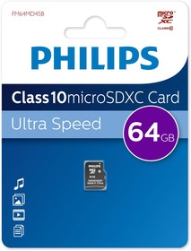 FM64MD45B/97, Флеш карта microSD 64GB PHILIPS microSDHC Class 10