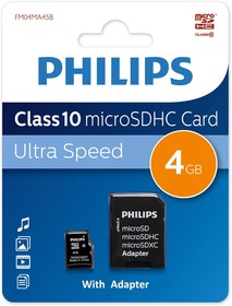 FM04MA45B/97, Флеш карта microSD 4GB PHILIPS microSDHC Class 10 (SD адаптер)