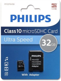 FM32MA45B/97, Флеш карта microSD 32GB PHILIPS microSDHC Class 10 (SD адаптер)