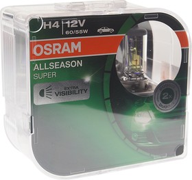 Фото 1/8 Лампа 12V H4 60/55W P43t-38 +30% 3000K желтая бокс (2шт.) All Season Super OSRAM