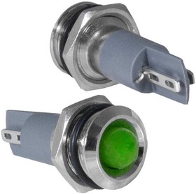GQ10PR-G, Индикатор антивандальный , цвет зеленый, точечный излучатель, 12-24 В, 15 мА, гибкие выводы, никелированная латунь