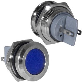 GQ22PF-B, Индикатор антивандальный , цвет синий, точечный излучатель, 12-24 В, 15 мА, гибкие выводы, никелированная латунь