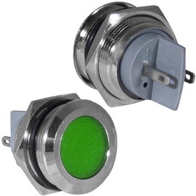 GQ22PF-G, Индикатор антивандальный , цвет зеленый, точечный излучатель, 12-24 В, 15 мА, гибкие выводы, никелированная латунь
