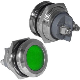 GQ19SF-G, Индикатор антивандальный , цвет зеленый, точечный излучатель, 12-24 В, 15 мА, гибкие выводы, никелированная латунь