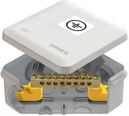 Фото 1/4 Коробка уравнивания потенциалов (КУП) 100х100х50мм, 6 гермовводов, с шиной 6х9 8груп, IP55, наклейка "заземление" | GE41361 | GREENEL