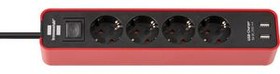 1153240076, Outlet Strip Ecolor 4x DE Type F (CEE 7/3) Socket / USB-A Socket - DE Type F (CEE 7/4) Plug Black / Red 1.5m