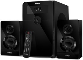Фото 1/7 SVEN MS-2250 2.1 колонки чёрные (2 x 15W, 1 х 50W, Bluetooth, USB flash, SD card, LED-дисплей, FM-радио, часы, пульт ДУ)