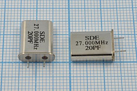 Резонатор кварцевый 27МГц в корпусе HC49U, 3-ья гармоника, нагрузка 20пФ, вывода 3мм, 27000 \HC49U\20\ 30\\49U[SDE]\3Г 3мм(SDE20PF); 27000