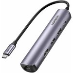 10919_, Разветвитель USB Ugreen CM418 (10919) USB-C to 2xUSB 3.0+HDMI+RJ45+PD Сереб