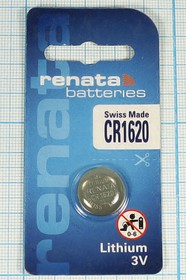 Батарейка, напряжение 3 В, 60мАч, 16x2.0, Li, CR1620, RENATA