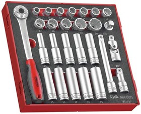TED1227, 27-Piece Metric 1/2 in Deep Socket/Standard Socket Set with Ratchet, 12 point