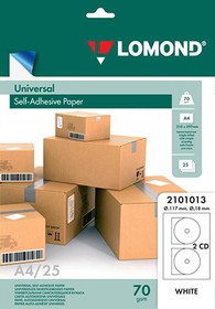 Фото 1/3 Самоклеящаяся бумага LOMOND универсальная для этикеток, A4, 2 шт для CD/DVD (D117 / D18мм), 70 г/м2, 25 листов