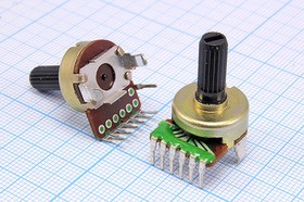 Фото 1/2 Резистор переменный поворотный 50 кОм, линейная A, длина 16мм, вал 6x25, F-166KP; №4585_A РПвр 50кx2\A\16мм\ Y6x25\F-166KP\