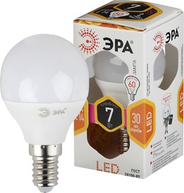 Фото 1/4 Лампочка светодиодная ЭРА STD LED P45-7W-827-E14 E14 / Е14 7Вт шар теплый белый свет Б0020548