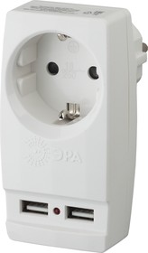 Фото 1/6 Разветвитель электрический ЭРА SP-1e-USB-W на 1 розетку + 2 USB с заземлением 16А белый Б0026332