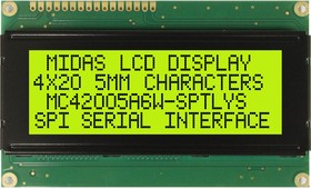 MC42005A6W-SPTLYS-V2, MC42005A6W-SPTLYS-V2 Alphanumeric LCD Alphanumeric Display, 4 Rows by 20 Characters