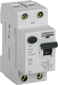 MDV15-2-050-030, Выключатель дифференциального тока (УЗО) ВД1-63 2Р 50А 30мА GENERICA