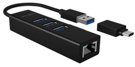 IB-HUB1419-LAN, USB Hub, USB-A Plug / USB-C Plug, 3.0, USB Ports 3, USB-A Socket / RJ45 Socket