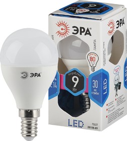 Фото 1/5 Лампочка светодиодная ЭРА STD LED P45-9W-840-E14 E14 / Е14 9Вт шар нейтральный белый свет Б0029042