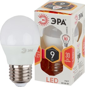 Фото 1/4 Лампочка светодиодная ЭРА STD LED P45-9W-827-E27 E27 / Е27 9Вт шар теплый белый свет Б0029043
