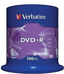 Фото 1/9 Verbatim Диски DVD+R 4.7Gb 16-х, 100шт, Cake Box (43551)