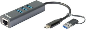 Фото 1/4 Сетевой адаптер D-Link DUB-2332/A1A Gigabit Ethernet / USB Type-C с 3 портами USB 3.0 и переходником USB Type-C / USB Type-A
