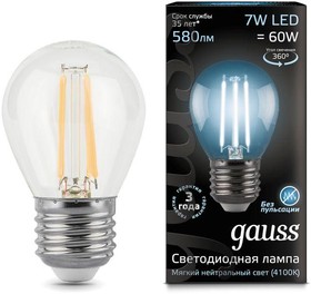 Фото 1/10 Лампа светодиодная филаментная Black Filament 7Вт P45 шар 4100К нейтр. бел. E27 580лм GAUSS 105802207