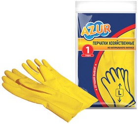 Перчатки МНОГОРАЗОВЫЕ резиновые AZUR "Бюджет", без хлопчатобумажного напыления, L (большой), желтые, вес 32 г, 92110