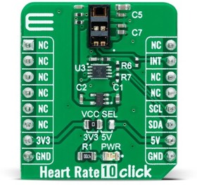 Фото 1/2 MIKROE-4724, Heart Rate 10 Click Optical Add On Board for MAX8511, MAX86916, PCA9306 mikroBUS socket