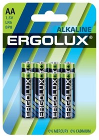 Фото 1/3 Ergolux Alkaline BL8 LR6 (LR6 BP8, батарейка,1.5В)(8шт.в уп-ке)