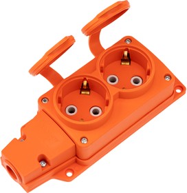 Фото 1/2 111-226, Розетка (колодка) влагозащищенная с крышкой 2 гнезда COMPACT, с/з, 16А, IP54, каучук, оранжевая