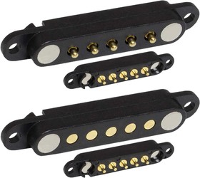 Pogo 5pin 02 MF, Разъем питания магнитный подпружиненный POGO pin, 5 контактов, комплект male-female, шаг 2.54 мм, 2 А, 12 В, контакт латун, RUICHI | купить в розницу и оптом