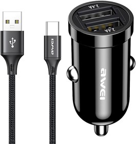 Фото 1/4 Автомобильное зарядное устройство (АЗУ) AWEI C-826T 2xUSB, 2.4А + Кабель USB Type-C, 1м (черный)