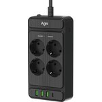 Сетевой фильтр AGNI TP-FS4U4E-PD-2m-black 4 розетки, 16А, 4000Вт, 220-250В, 2 м ...