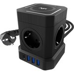 Сетевой фильтр башня 4 розетки, 2 метра, 3 USB + 1 Type-C 20 Вт, беспроводная зарядка, чёрный