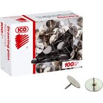 Кнопки канцелярские ICO стальные, 11 мм, стальные, 100 шт. карт.уп