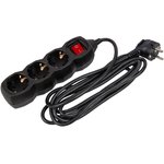 XS-10-3ES-5(b), Удлинитель сетевой, 5м, 3 розетки, 10А, макс. 2200Вт, заземление, выключатель, ПВС 3х0.75мм2, черный