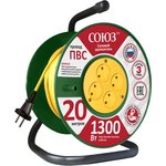 481S-3102, Удлинитель Союз силовой на катушке с 4 гнезда 1300 Вт 20м