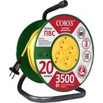 481S-3302, Удлинитель Союз силовой на катушке с 4 гнезда 3500 Вт 20м